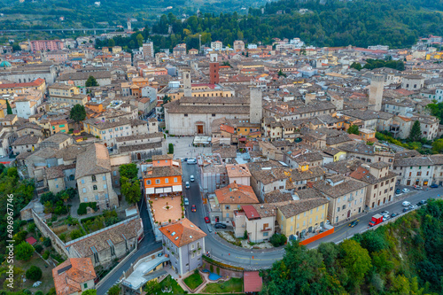 Aerial view of Piazza Ventidio Basso in Italian town Ascoli Piceno