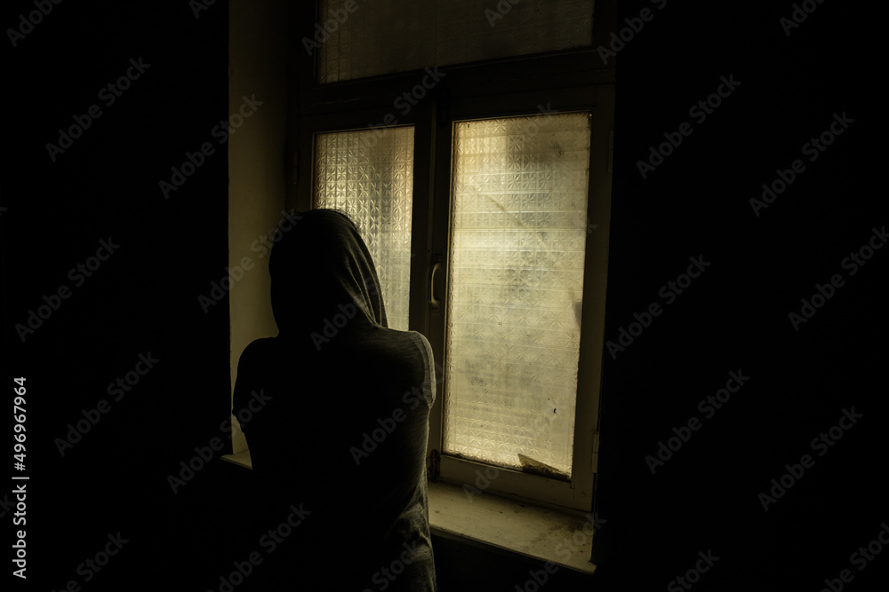 Horror woman in window wood hand hold cage scary scene halloween concept Blurred silhouette of witch. Horror theme Horror woman in window wood hand hold cage scary scene halloween concept Blurred silhouette of witch. Horror theme