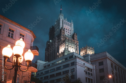 Ministry of Foreign Affairs of the Russian Federation in Moscow. Gloomy evening silhouette of the building photo