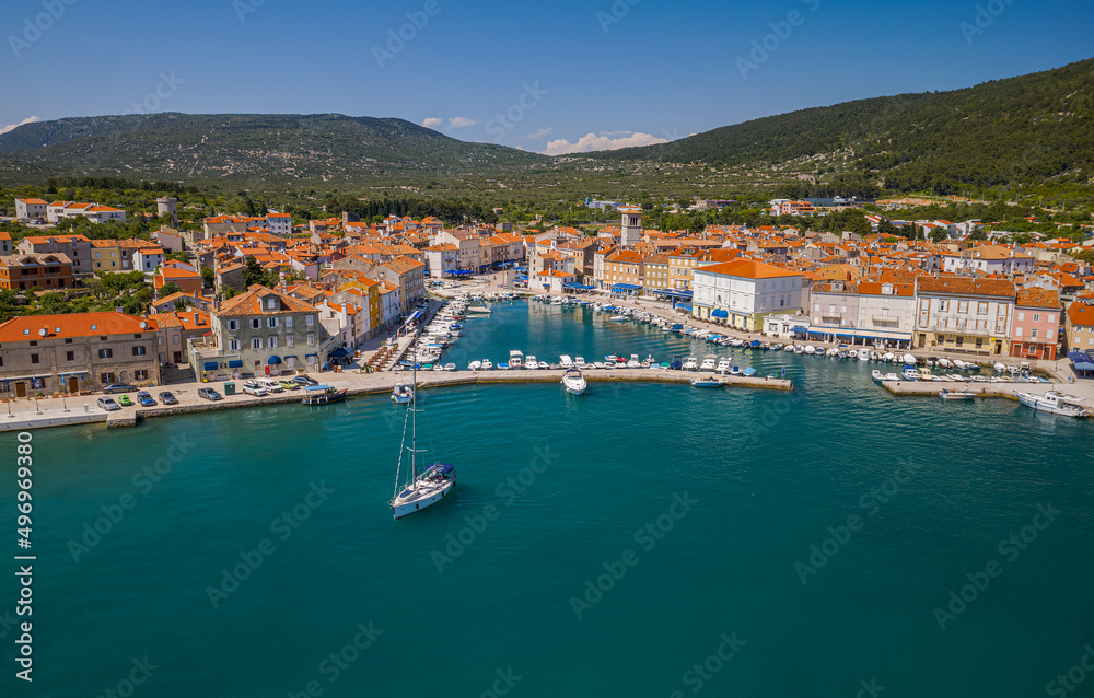 Cres old town port Croatia aerial view