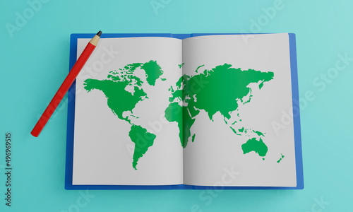 世界地図と本（これからのグローバル社会での生き方、地理、グローバル視点などのイメージ）