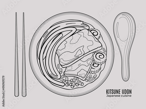 Japanese Kitsune udon soup. Top view outline doodle style illustration.