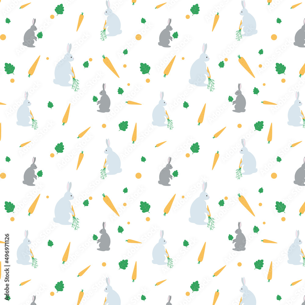 Vector decorative pattern with bunnys and stylized carrots, decorative elements. Spring background, children print, funny, cartoon, cute and summer themes for greeting card, wrapping paper and other. Vector decorative pattern with bunnys and stylized carrots, decorative elements. Spring background, children print, funny, cartoon, cute and summer themes for greeting card, wrapping paper and other.