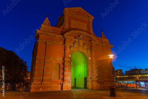 Night view of the ancient gate Galliera (Porta Galliera) Bologna, Italy
