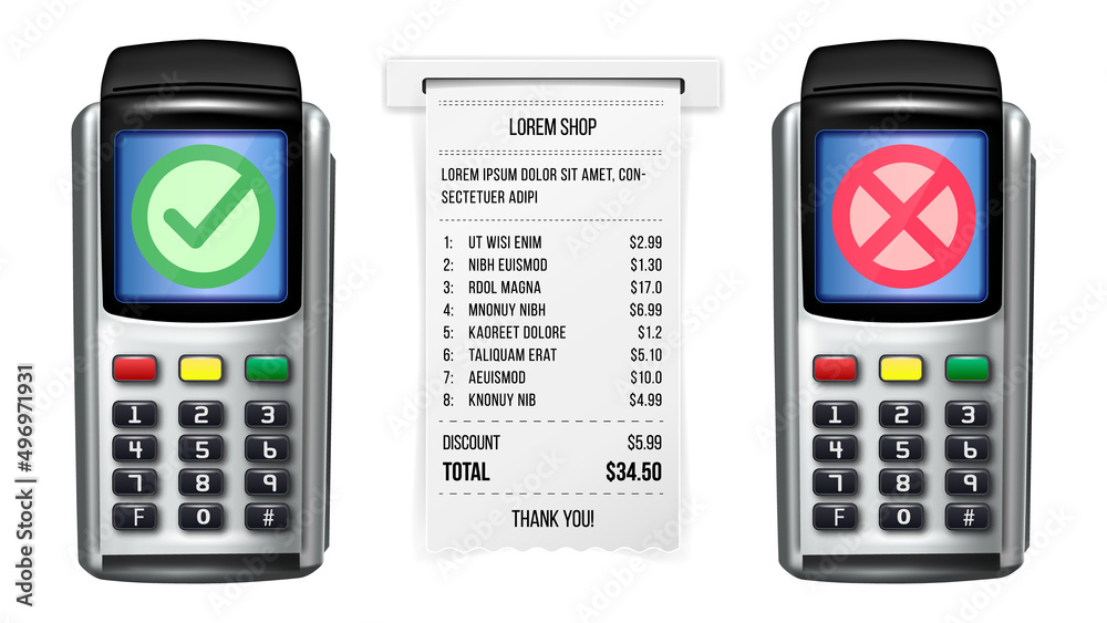 Pos Terminal And Receipt Of Payment Set Vector. Check Paper List With Paying Information, Accepted And Refused Pay Sign On Pos Terminal Electronic Device Display. Template Realistic 3d Illustrations Pos Terminal And Receipt Of Payment Set Vector. Check Paper List With Paying Information, Accepted And Refused Pay Sign On Pos Terminal Electronic Device Display. Template Realistic 3d Illustrations