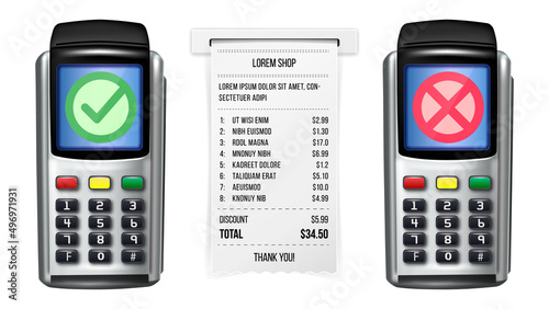 Pos Terminal And Receipt Of Payment Set Vector. Check Paper List With Paying Information, Accepted And Refused Pay Sign On Pos Terminal Electronic Device Display. Template Realistic 3d Illustrations