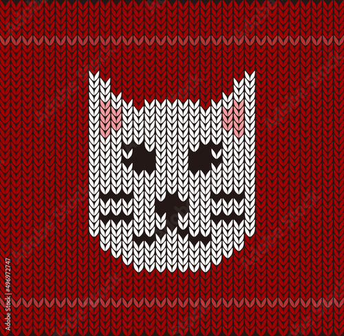 Cute cat on the knitting pattern, Happy new year, vector illustration