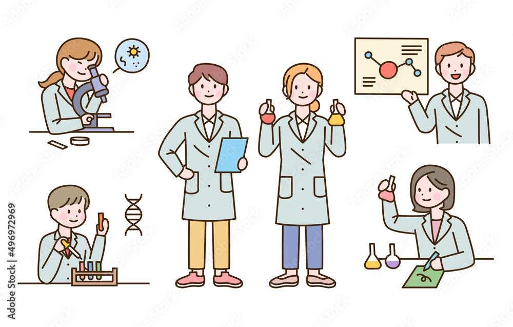Scientist characters with cute faces are doing research with experimental equipment. flat design style vector illustration. Scientist characters with cute faces are doing research with experimental equipment. flat design style vector illustration.
