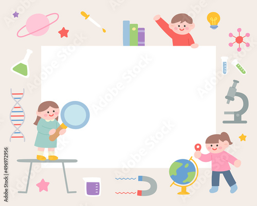 Banner template with cute kids and science experiment tools. flat design style vector illustration.