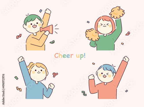Round and cute face character. People are holding cheering tools and cheering. flat design style vector illustration. photo