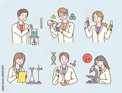 Scientists in white gowns are doing research with laboratory equipment. flat design style vector illustration.
