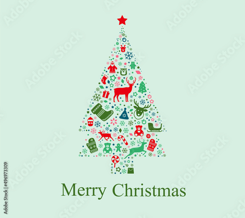 Christmas tree poster, greeting card design, flat icons