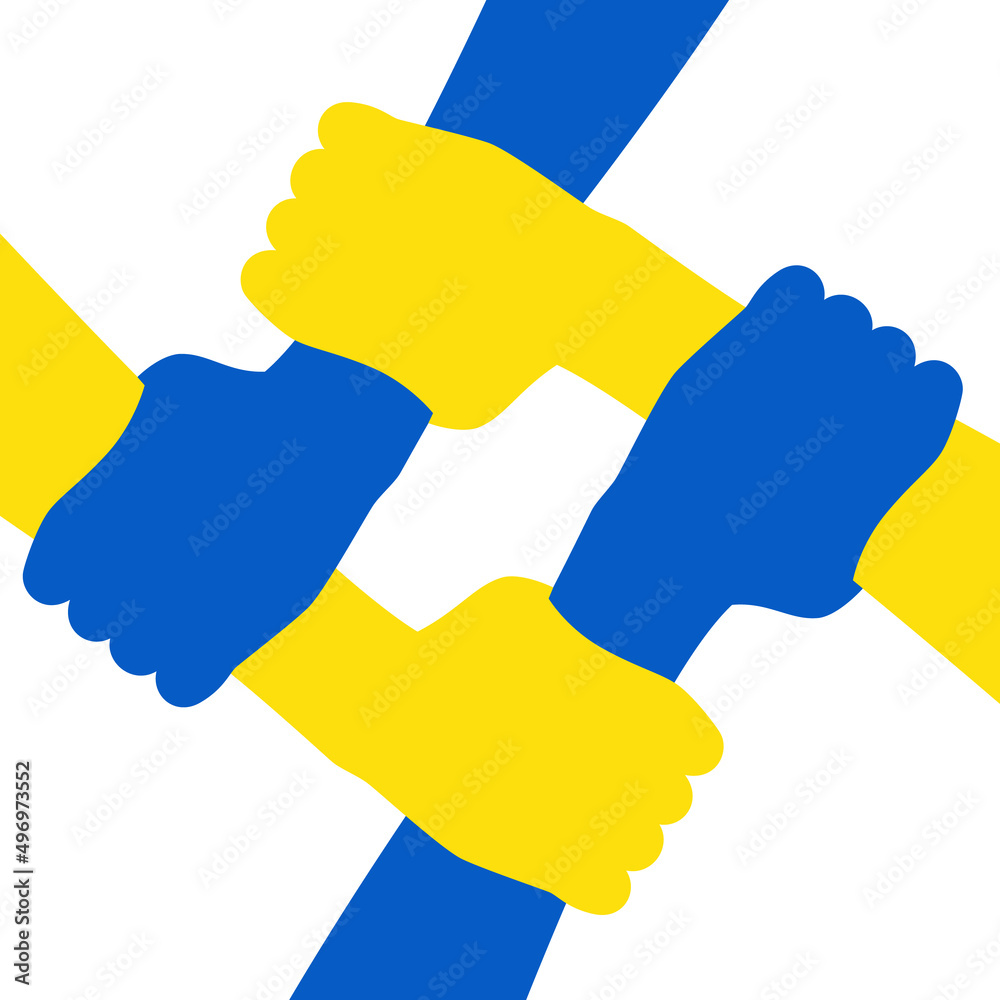 People s Hands Support Ukraine Four Yellow And Blue Hands Holding Each