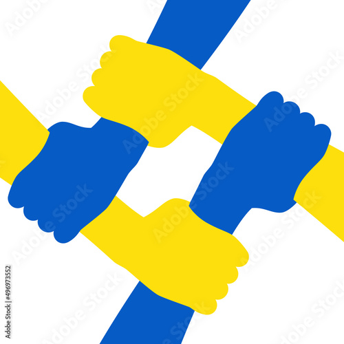 People's hands support Ukraine. Four yellow and blue hands holding each other