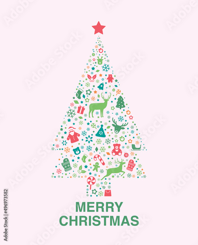 Christmas tree poster, greeting card design, flat icons