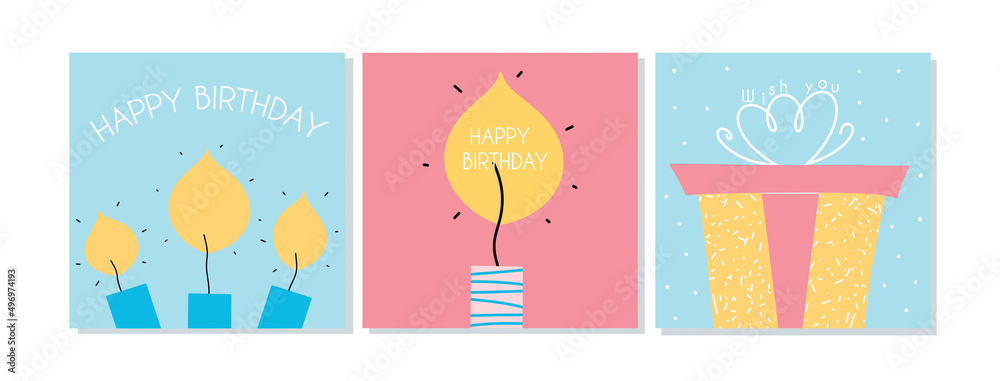 Fototapeta premium Flat design birthday cards with candles and holiday box. Vector illustration