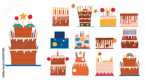Set of flat festive sweet cakes. Hand drawn vector illustration.