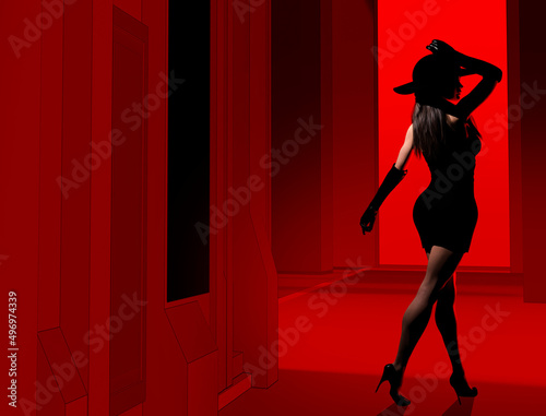 3d render illustration of noir style sexy detective lady in black dress and hat walking on red toned city street.