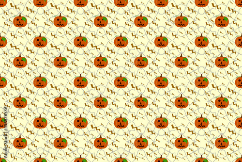 Halloween pumpkin pattern seamless wallpaper on a light yellow cream background with lightning pattern.