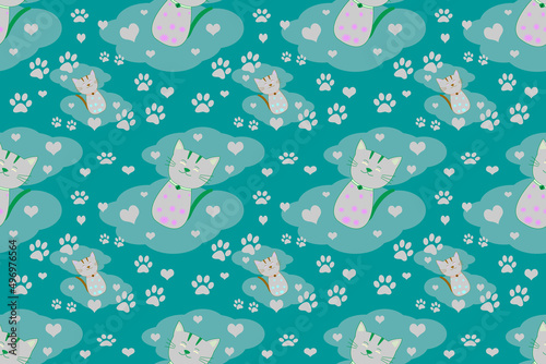 seamless cute cat pattern,cartoon style light gray kitten,for fabric,printing,cat wallpaper on cyan background