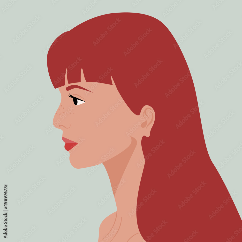 Profil młodej dziewczyny z rudymi włosami i piegami na jasnym tle. Portret kobiety z grzywką. Avatar do social media. Ilustracja wektorowa. - obrazy, fototapety, plakaty 