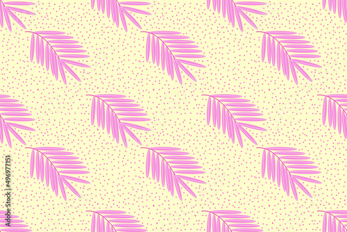 Seamless pink palm leaf painting pattern, on a yellow cream background with polka dots.