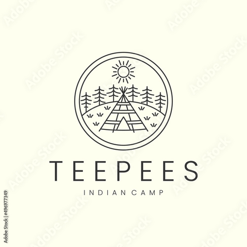 teepee with badge and line art style logo icon template design. indian,camp, native, america, sun, tree, vector illustration