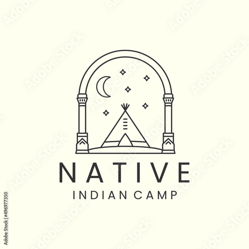 indian camp with badge and line art style logo icon template design. teepees, native, america, moon, star, vector illustration