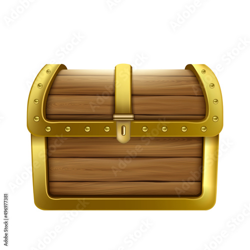 Chest Closed Wooden Container For Money Vector. Vintage Close Wood And Metallic Chest Box For Storage Pirate Hidden Treasures. Crate Safe For Savings Template Realistic 3d Illustration