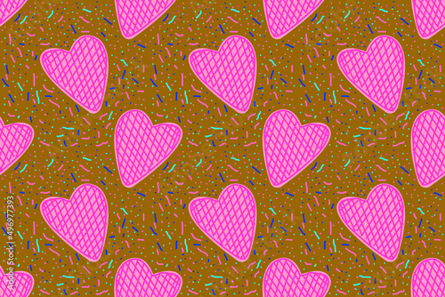 Seamless multicolored doodle heart pink pattern,for Valentine's Day,brown background