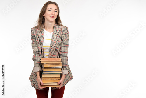 Woman with books. Girl hold...
