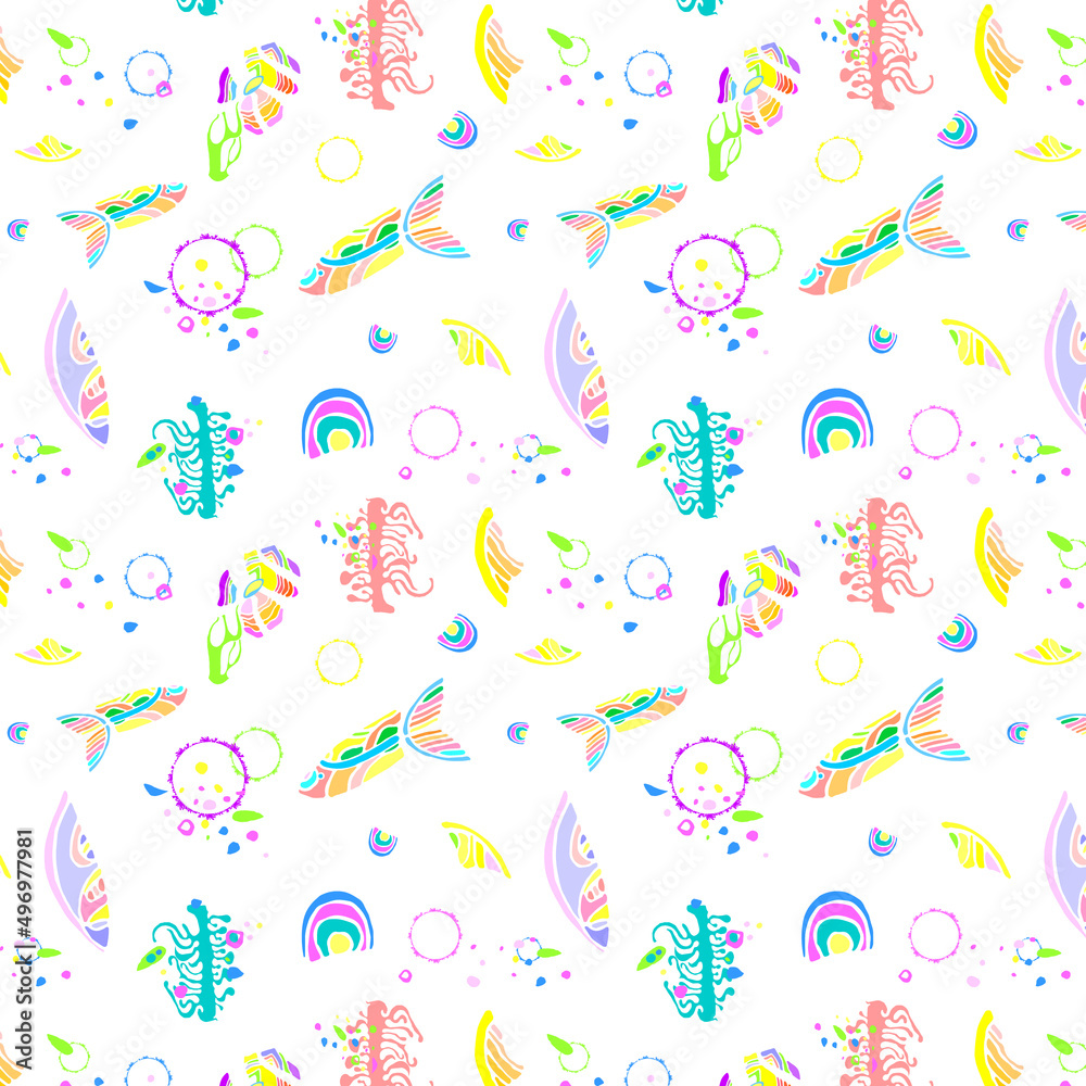 Vector abstract pattern with doodle elements, colorful elements, sea treasures, stylized fish and seaweed. Design print and bright illustration in flat style, hand drawn.