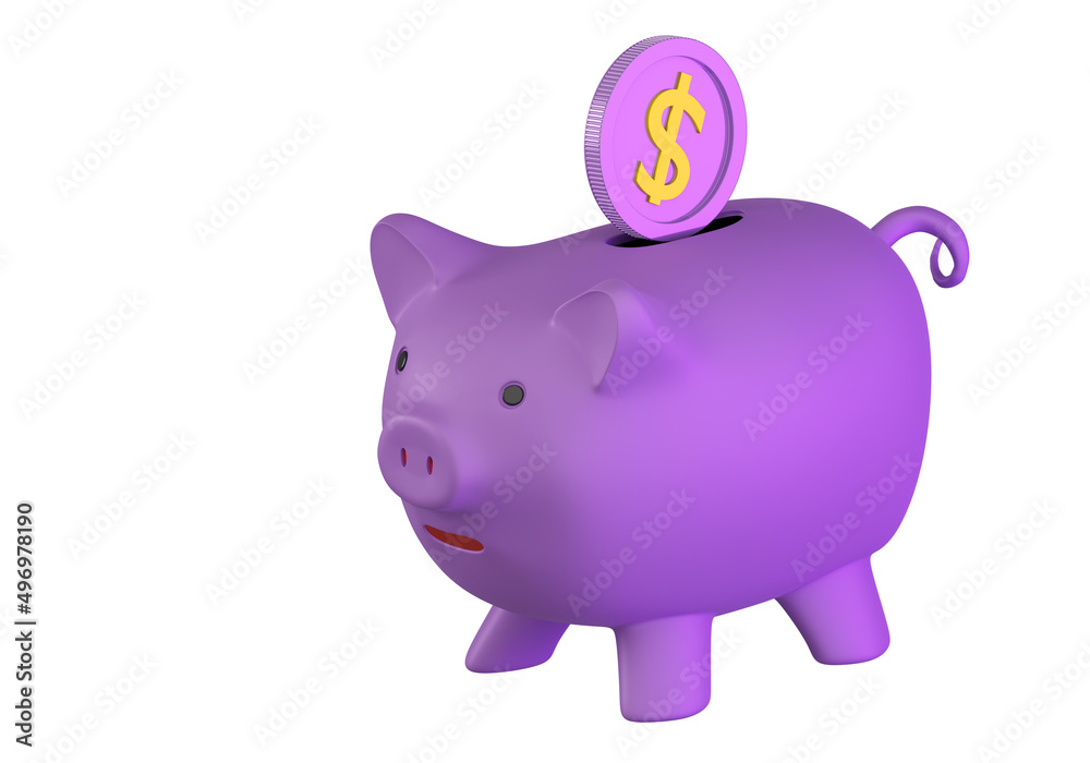 Obraz premium Piggy bank on a white background. Savings in US dollars. Investments and savings. A dollar coin falls into the piggy bank. 3d image
