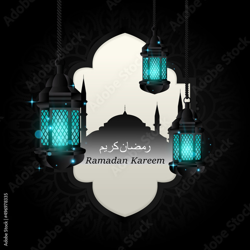 Ramadan with threecolored blue lamp decorations and a dark background photo