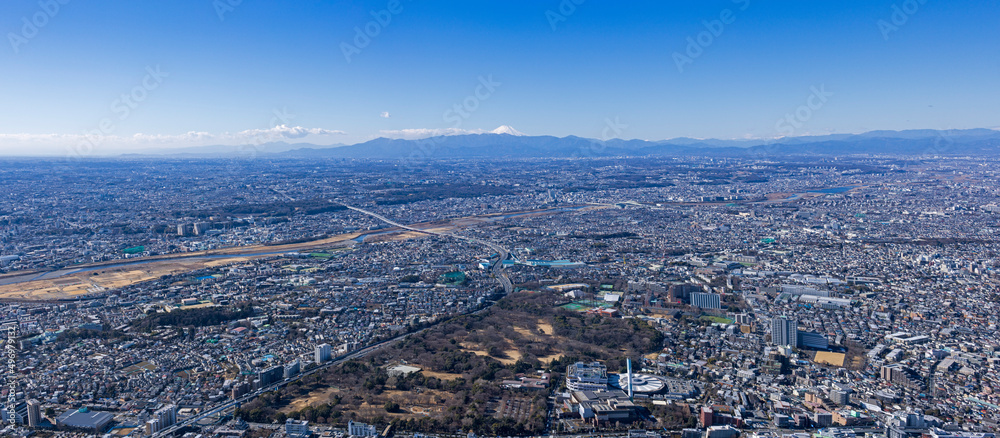 砧公園上空から富士山を望む・空撮