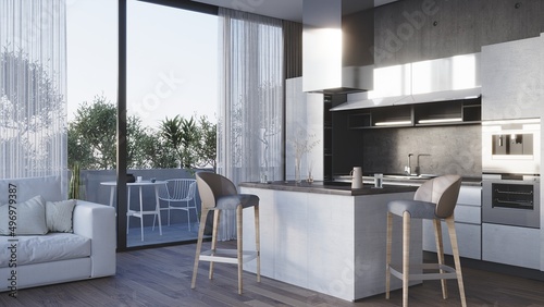 Kitchen 3d render  modern apartment interior. 3d rendering design concept. Modern Contemporary living and kitchen room interior .white and wood material 