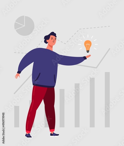 guy holding a lamp in his hand, idea for business concept, flat vector style