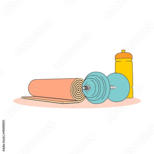 Gym training and home exercising and fitness equipment. Dumbbell, yoga mat and bottle. Tools for healthy lifestyle and wellbeing.