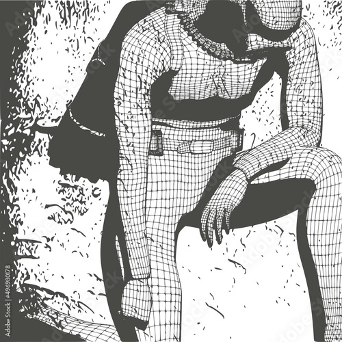 Monochrome silhouette of diver. Mesh grid texture