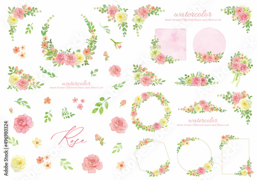 水彩で描いたピンクの薔薇のフレームセット