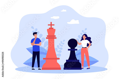 Corporate competition of tiny business people playing chess. Strategic creative solutions of man and woman flat vector illustration. Strategy concept for banner, website design or landing web page