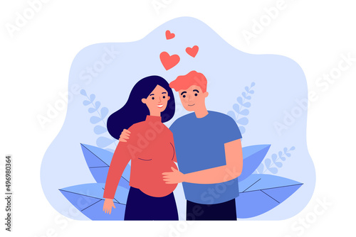 Husband touching belly of pregnant wife with love. Happy hugs of man and woman expecting baby flat vector illustration. Pregnancy, maternity concept for banner, website design or landing web page
