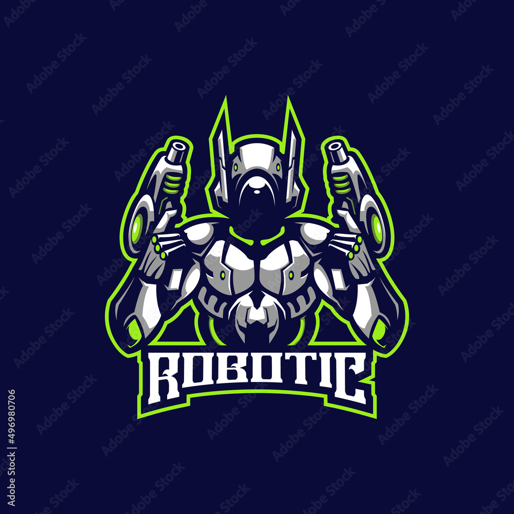 Robotic mascot logo design vector with modern illustration concept style for badge, emblem and t shirt printing. Robotic illustration with guns in hand. Robotic mascot logo design vector with modern illustration concept style for badge, emblem and t shirt printing. Robotic illustration with guns in hand.