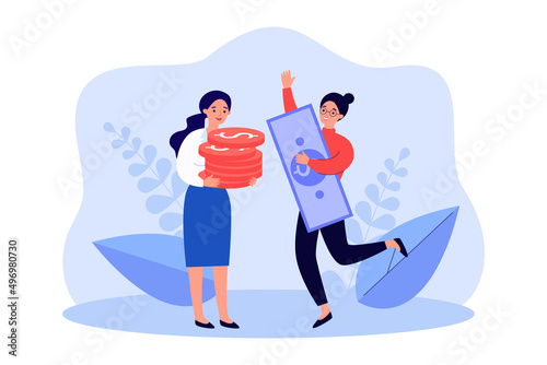 Happy rich women holding cash money in hands. Tiny girls with stack of coins and dollar bill flat vector illustration. Financial success concept for banner, website design or landing web page