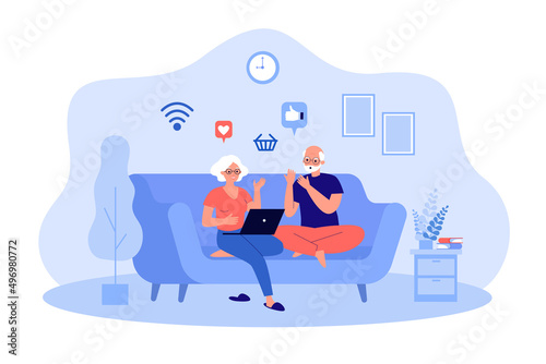 Grandparents using laptop for online communication and shopping. Old man and woman sitting on sofa flat vector illustration. Lifestyle, internet concept for banner, website design or landing web page