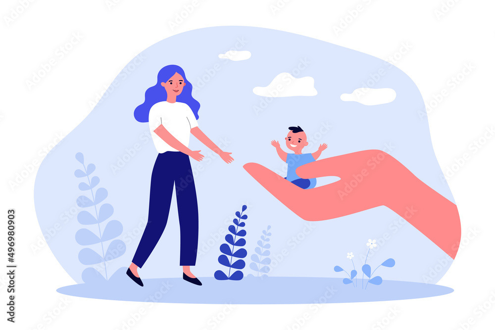 Hand giving tiny boy to mother, parent adopting son. Protection and support for child adopted by woman flat vector illustration. Adoption concept for banner, website design or landing web page Hand giving tiny boy to mother, parent adopting son. Protection and support for child adopted by woman flat vector illustration. Adoption concept for banner, website design or landing web page