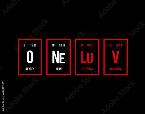 One Love - Periodic Table of Elements on black background in vector illustration.