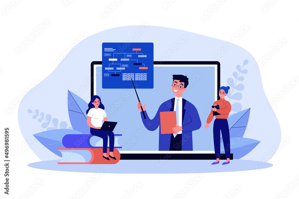 High school education online for tiny students. Man with pointer on laptop screen giving video lecture to girls flat vector illustration. Study concept for banner, website design or landing web page