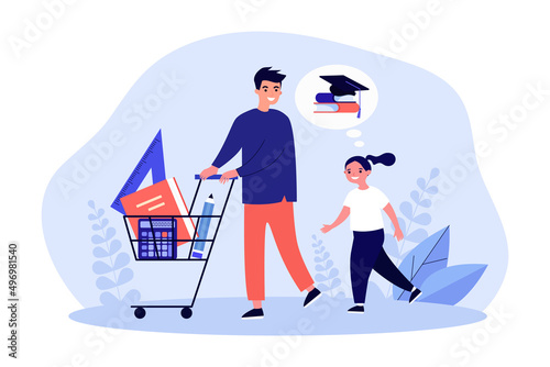 Happy father buying stationery to daughter. Man carrying school supplies in shopping cart flat vector illustration. Back to school, family concept for banner, website design or landing web page