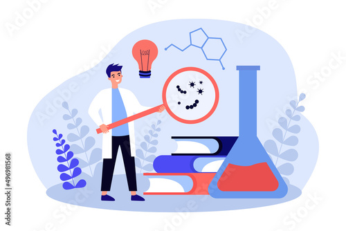 Scientific research of microbes by scientist. Tiny man with magnifying glass, light bulb and books flat vector illustration. Science, development concept for banner, website design or landing web page